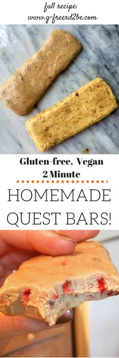 two homemade quest bars with text overlay that reads gluten free vegan 2 minute homemade quest bars