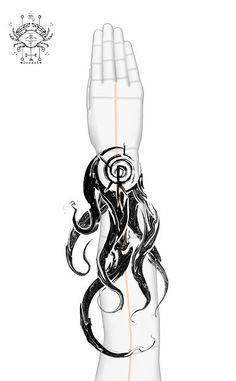 an illustration of a hand with a black and white octopus on it