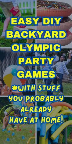 an advertisement for the backyard olympic party games, with images of people and inflatable toys