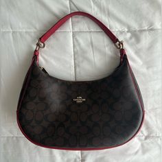 Coach Brown Red Cherry Red Signature Classic Logo Shoulder Purse Bag Style: Coach Signature Harley East West Hobo Brown/Red Bag Retails $380 New Measures 13.5” Long, 4” Wide, 9.5” Tall, Inside Is 7.5” Deep, And Strap Is 8.5” Tall Has A Small Zippered Pocket On The Back 2 Front Inside Pockets And 1 Zippered Pocket On The Inside Back Some Cosmetic Stains Inside But Nothing Crazy Great Condition Perfect For The Fall Brown Coach Bag, Brown Coach Purse, Red Shoulder Bag, Brown Coach, Fashion Vibes, Red And Brown, Red Bag, Style Coach, Bags Coach