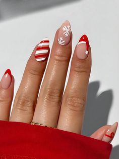 24pcs Almond-Shaped Christmas Hat Striped Snowflake Nail Art Stickers, Suitable For Parties, Dances Or Holiday WearI discovered amazing products on SHEIN.com, come check them out! Santa Nails, Red Christmas Nails, Nagel Tips, Christmas Nails Easy, Festival Nails