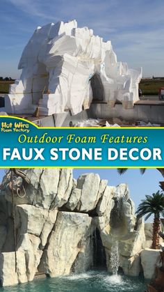 the front and back cover of an outdoor tour features faux stone decor with palm trees