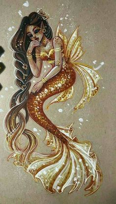 a drawing of a mermaid with long hair and gold glitters on it's tail