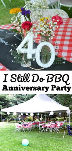 an image of a table with flowers on it and the words i still do bbq anniversary party