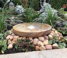 a wooden bowl sitting on top of a pile of rocks next to plants and flowers