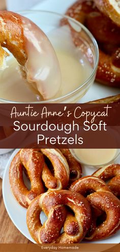 an assortment of soft pretzels on a plate next to a glass of milk