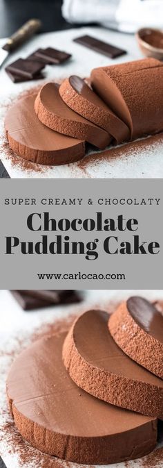 chocolate puddings with the words super creamy and chocolatety on top, in front of them