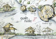 this is an artistic drawing of some houses with clocks on them and the words quann nuoc written below it