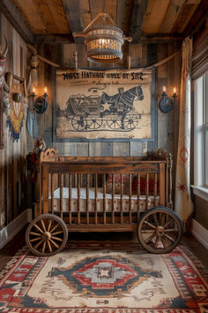 an old fashioned baby crib in the corner of a room with wood paneling