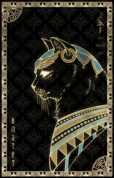 a black and gold cat with an egyptian ornament on it's head