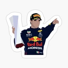 a man holding a paper in his hand and wearing a red bull uniform sticker