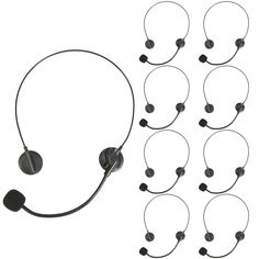 six headsets with microphones attached to them