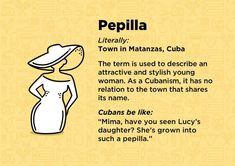 a woman in a white dress with a hat on her head and the words pepilla written