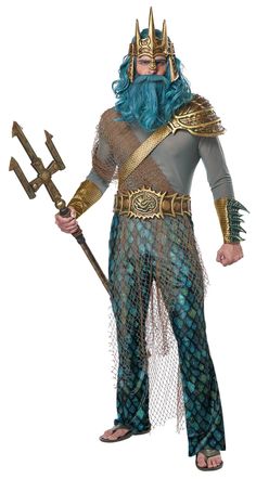 Poseidon / Neptune, God Of The Sea Adult Costume Size: Medium - Walmart.com Neptune God Of The Sea, King Triton Costume, Poseidon Costume, Merman Costume, Neptune God, Under The Sea Costumes, Sea Creature Costume, Gold Waist Belt, Sea Costume