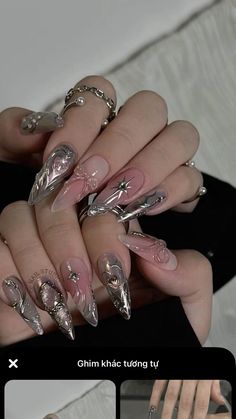 Stilleto Nails Coquette, Taurus Nail Ideas, Dark Douyin Nails, Winter Stiletto Nails Designs, Soft Grunge Nails, Lady Gaga Nails, Witchy Nails, Asian Nails, Long Acrylic Nail Designs