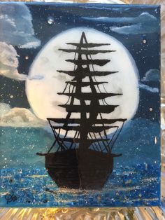 a painting of a ship in the ocean under a full moon