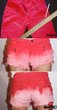 two pictures of pink shorts with holes in them, one showing the bottom and side