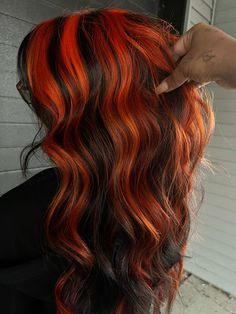 Halloween hair Orange and black chubky highlights Black Hair With Orange Streaks, Orange Hair With Black Highlights, Orange Hair With Black Streaks, Ginger Streaks In Brown Hair, Alt Fall Hair, Chunky Orange Highlights, Black Hair With Orange Tips, Halloween Colored Hair