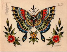 a drawing of a butterfly with flowers on it