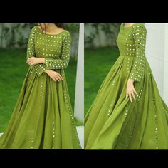 Green Colour Anarkali Dress, Pista Green Anarkali Set With Mirror Work For Party, Mirror Work Anarkali Dresses, Pista Green Anarkali Dress With Mirror Work, Green Anarkali Floor-length Dress, Green Floor-length Anarkali Set With Mirror Work, Simple Anarkali Dress, Mirror Work Anarkali, Punjabi Wedding Suit