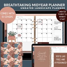 the printable planner is shown in three different colors and sizes, including an open notebook with