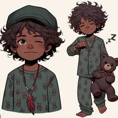 a drawing of a boy with curly hair and a hat holding a teddy bear in front of him