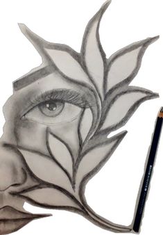 a pencil drawing of a woman's face with leaves on her head and eyes