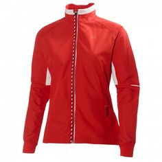 a woman's red jacket with white piping on the side and zippers