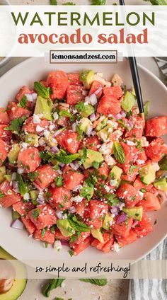 watermelon and avocado salad in a white bowl with text overlay