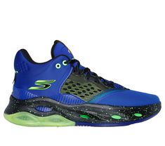 a blue and black shoe with green accents on the upper part of the shoe,