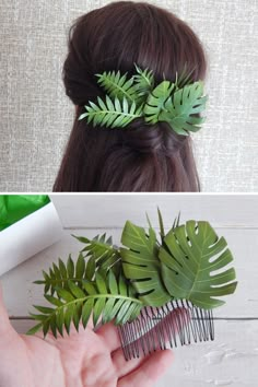 Wedding hair comb with monstera leaves and palm leaves made from foam. The total length of the comb 5.5 inches (13 cm). Monstera Wedding, Leaf Headpiece, Palm Green, Wedding Hair Comb, Monstera Leaves, Updo Hairstyles, Beach Hairstyles, Fairy Costume, Hair Comb Wedding