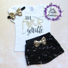 a white shirt with gold sequins and a black skirt