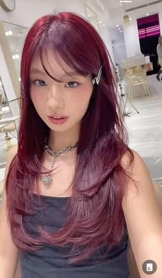 Starfire Hair Color, Berry Red Hair Color, Red Hair Asian Girl, Cherry Wine Hair Color, Starfire Hair, Red Hair Asian, Cherry Cola Hair, Cherry Red Hair, Wine Red Hair