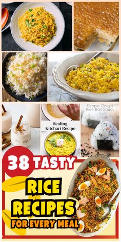 the cover of 28 tasty rice recipes for every meal, with pictures of different dishes