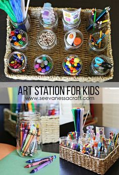 the station for kids is filled with pens, markers and pencils in glass jars