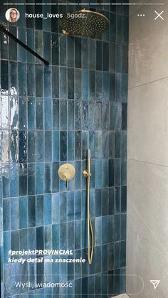 a bathroom with blue tiles on the shower wall