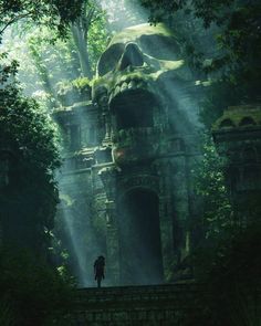 a person standing in the middle of a forest next to an old structure with sunbeams