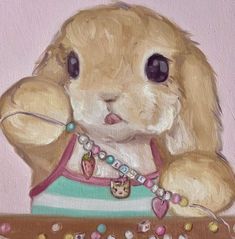 a painting of a brown bunny with beads and necklaces on it's chest