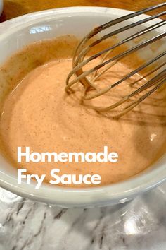 A bowl of fry sauce with a whisk. French Fries With Cheese Sauce, Freddy’s Famous Fry Sauce, Waffle Fry Dipping Sauce, Cheese Fry Sauce, Easy Fry Sauce, Tater Tot Sauce, French Fries Dipping Sauce Recipes, Homemade Fry Sauce, French Fry Sauce Recipe