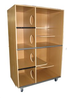 a wooden cabinet with three shelves on wheels