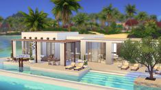 a rendering of a house on the water with palm trees in the backgroud