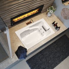 an aerial view of a bathroom with a hot tub