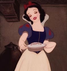 snow holding a pie in her hand and wearing a red bow on her head,