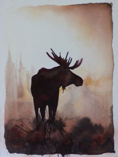 a painting of a moose standing in the grass