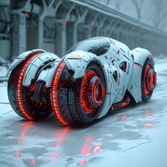 a futuristic vehicle with red lights on its wheels