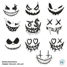 various halloween faces drawn in black ink