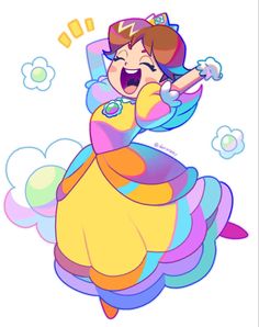 a cartoon character in a colorful dress with clouds and sun above her, holding a wand