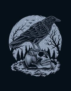 a crow sitting on top of a skull in front of a full moon with trees