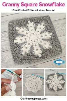 crocheted snowflake is shown with instructions to make it