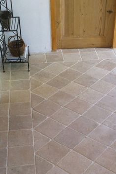 a dog is standing in front of a door and looking at the tile on the floor